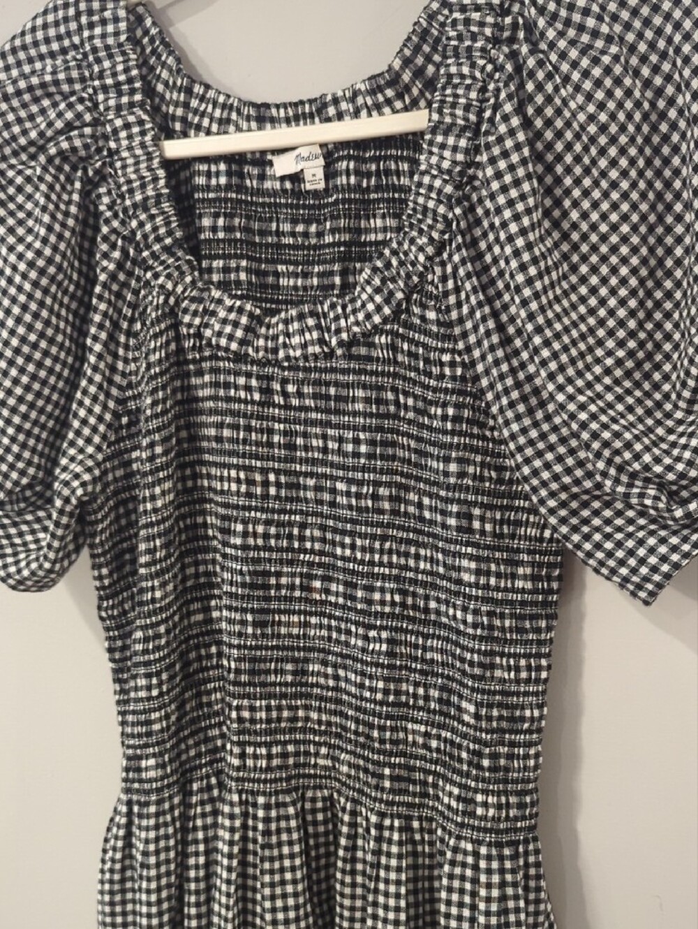 Madewell Dress Gingham Smocked U-Neck Mini Black White size Medium Linen Cotton - Picture 4 of 13